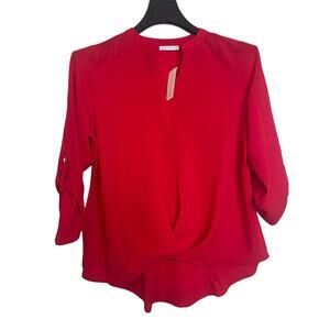 Notations Womens Split Neck Blouse Roll Tab Sleeve Hi-Low Hem Size XL Red